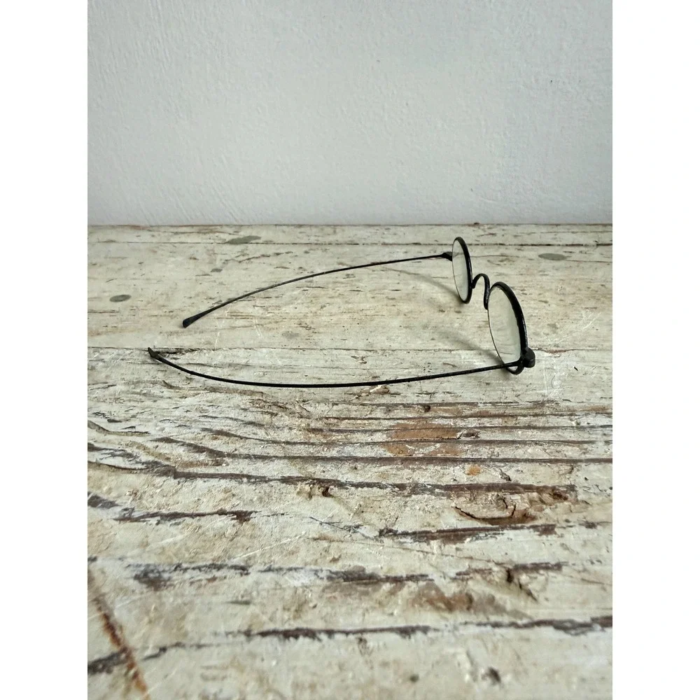 Antique Wire Rim Spectacles Oval Glasses Black Metal Frame Vintage Case 1900s